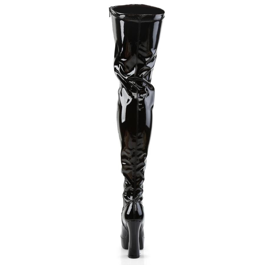 希少品　ユニセックス　エナメル黒のスタイリッシュなニーハイブーツ Pleaser（プリーザー） エナメル ニーハイブーツ 黒 サイハイブーツ