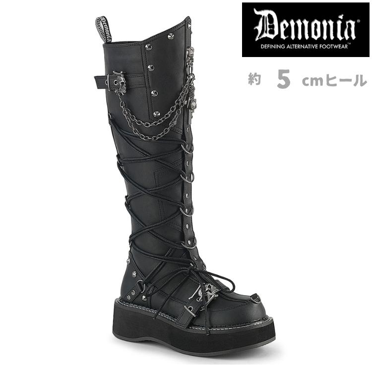 demonia デモニア ロングブーツ 厚底 プラットフォーム 5 cm ヒール 黒 ブラック 合皮 編み上げ チェーン ストラップ 大きいサイズ 靴 レディース メンズ 取寄 | Pleaser