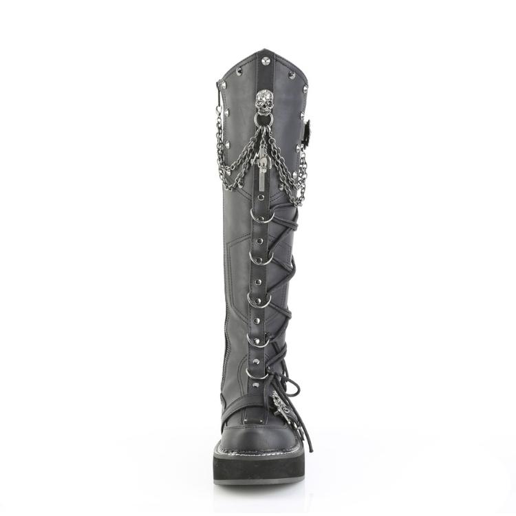 demonia デモニア ロングブーツ 厚底 プラットフォーム 5 cm ヒール 黒 ブラック 合皮 編み上げ チェーン ストラップ 大きいサイズ 靴 レディース メンズ 取寄 | Pleaser | 01