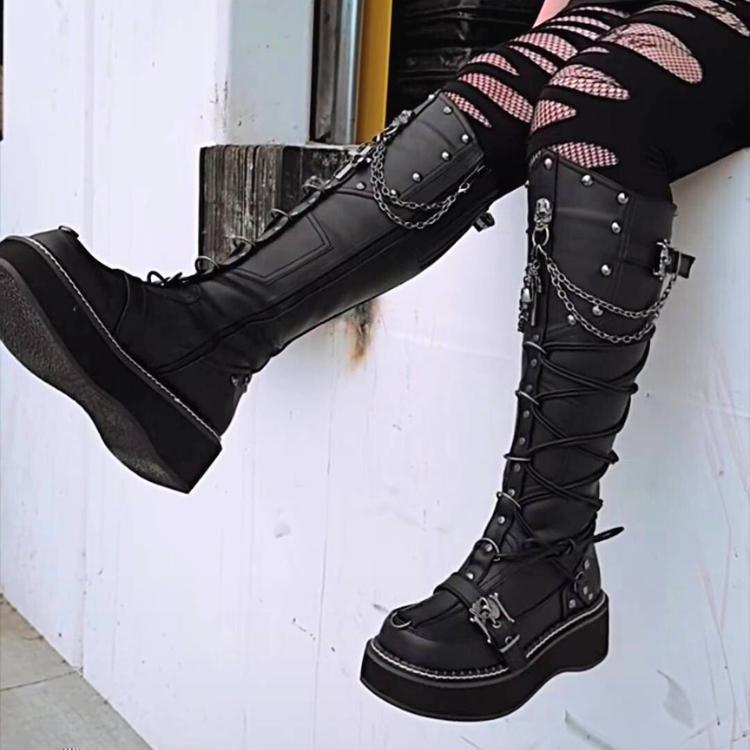 demonia デモニア ロングブーツ 厚底 プラットフォーム 5 cm ヒール 黒 ブラック 合皮 編み上げ チェーン ストラップ 大きいサイズ 靴 レディース メンズ 取寄 | Pleaser | 05