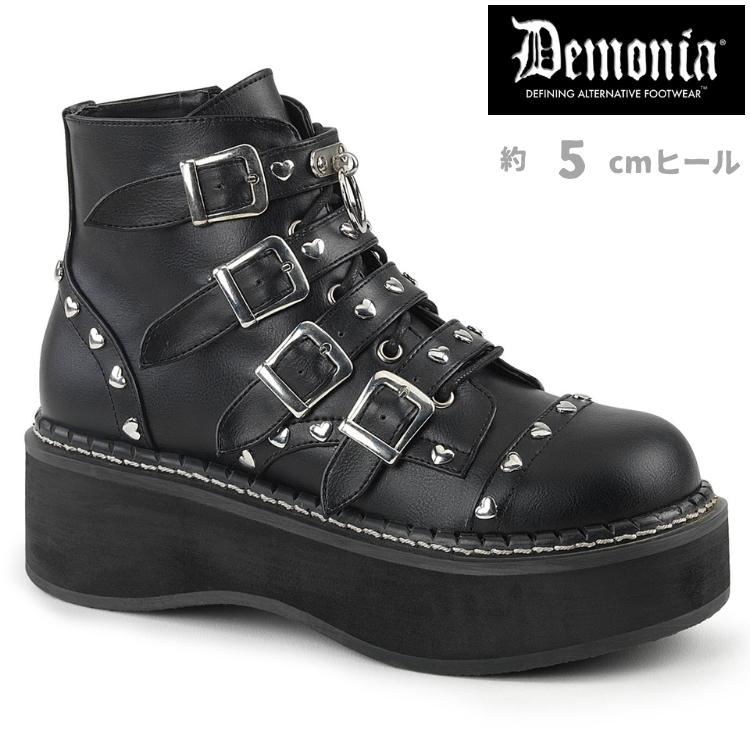 demonia デモニア 厚底 ブーツ ショートブーツ 5cm ヒール 黒 ビーガンレザー ベルト バックル ハート スタッズ ジッパー ロック パンク 靴 EMILY-315 取寄 | Pleaser