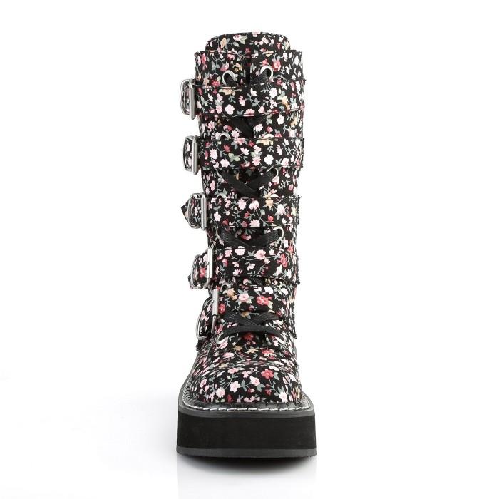 demonia デモニア ミドルブーツ 厚底 ラバーソール 5 cm ヒール 黒 ブラック 花柄 フローラル ベルト 編み上げ ジッパー 大きいサイズ レディース メンズ 取寄 | Pleaser | 01