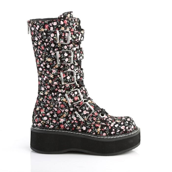 demonia デモニア ミドルブーツ 厚底 ラバーソール 5 cm ヒール 黒 ブラック 花柄 フローラル ベルト 編み上げ ジッパー 大きいサイズ レディース メンズ 取寄 | Pleaser | 04