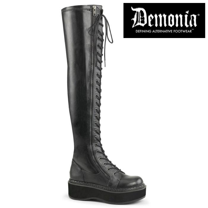 demonia デモニア サイハイブーツ 厚底 ラバーソール 5 cm ヒール 黒 ブラック 合皮 編み上げ ジッパー 大きいサイズ ニーハイブーツ 靴 レディース メンズ 取寄 | Pleaser