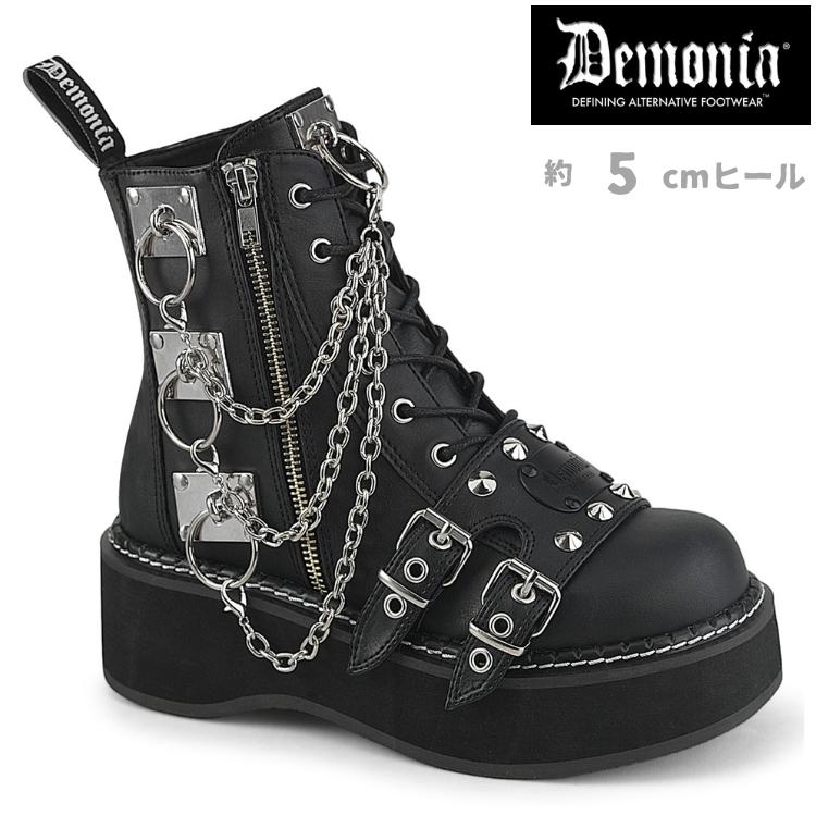 demonia デモニア 厚底 ブーツ アンクルブーツ ショートブーツ 厚底 5cm プラットフォーム 黒 ブラック ビーガンレザー 合皮 つや消し 編み上げ EMILY-57 取寄 | Pleaser