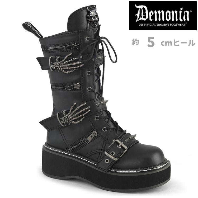 demonia デモニア ブーツ デモニア 厚底ブーツ ミドルブーツ ショートブーツ 厚底 5cm プラットフォーム 黒 ブラック ビーガンレザー 合皮 ベルト EMILY-82 取寄 | Pleaser