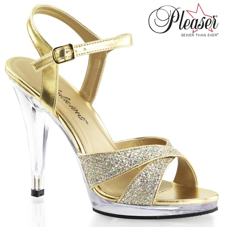 キャバ ヒール サンダル Pleaser プリーザー 11 cm 12 センチ ヒール 金 ゴールド クリア グリッター ラメ ハイヒール アンクルベルト レディース メンズ 取寄 | Pleaser