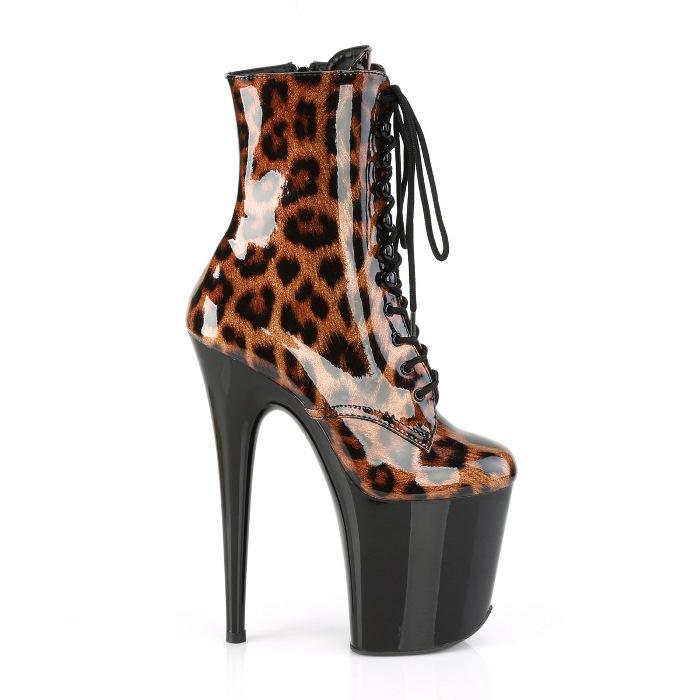 Pleaser プリーザー 20cm ヒール ショートブーツ 厚底 ブラウン ヒョウ柄 プリント 黒 ブラック エナメル レースアップ ジッパー 大きいサイズ ハイヒール 取寄 | Pleaser | 04