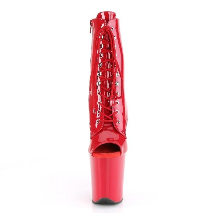 Pleaser プリーザー 20cm ヒール ショートブーツ 厚底 赤 レッド エナメル 編み上げ レースアップ 大きいサイズ ピンヒール ハイヒール オープントゥ 取寄 | Pleaser | 01