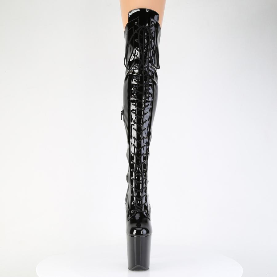 Pleaser プリーザー ロングブーツ 斜めカット サイハイブーツ ニーハイブーツ 20cm ヒール ブーツ 黒 ブラック エナメル 厚底 ハイヒール 編み上げ 即納 取寄 | Pleaser | 01