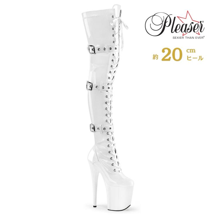 Pleaser プリーザー ニーハイブーツ サイハイブーツ オーバーニーブーツ 厚底 20cm ヒール 白 ホワイト エナメル 編み上げ 大きいサイズ レディース メンズ 取寄 | Pleaser