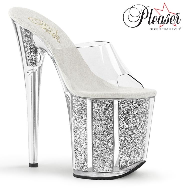 Pleaser プリーザー ミュール サンダル 厚底 20 cm ヒール 銀色 クリア シルバー ラメ クリアヒール ハイヒール 靴 超厚底 レディース メンズ 大きいサイズ 取寄 | Pleaser
