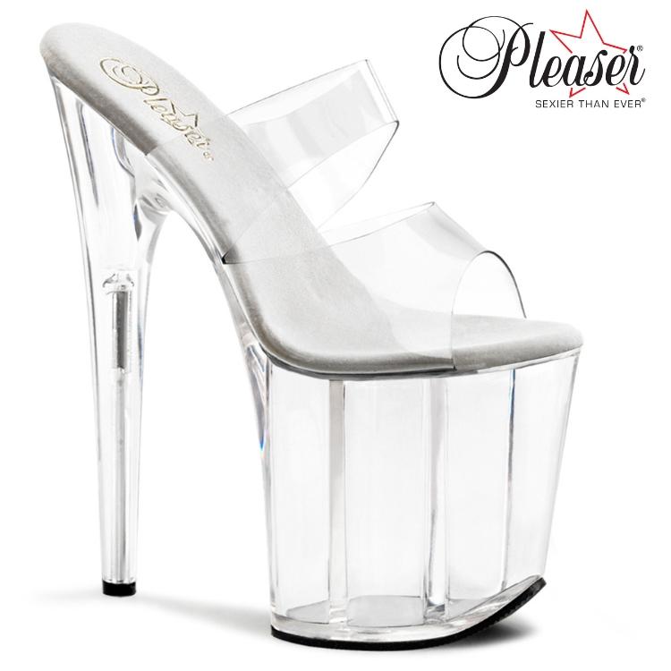 20cm ヒール 厚底サンダル ミュール ピンヒール ハイヒール オープントゥ ストラップ クリア Pleaser プリーザー 大きいサイズ レディース メンズ シューズ 取寄 | Pleaser