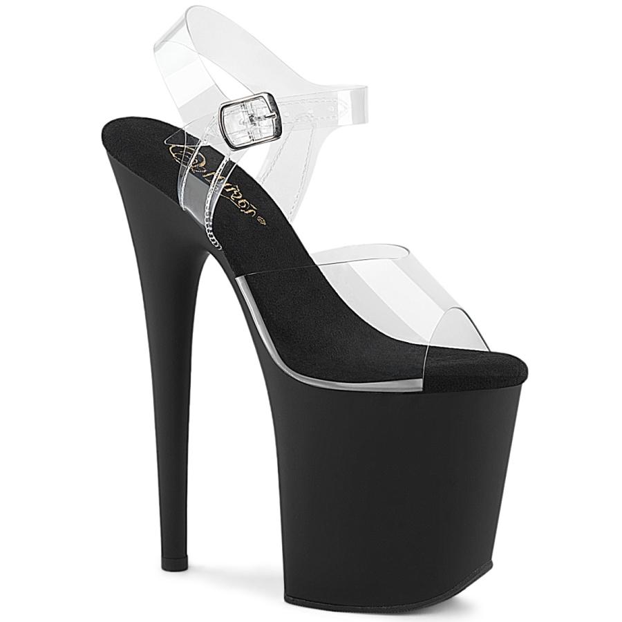 Pleaser プリーザー ヒール 20cm 厚底 サンダル ポールダンス 用 ヒール クリア アンクルストラップ 大きいサイズ 対応 黒 ブラック マット つや消し 20センチ | Pleaser