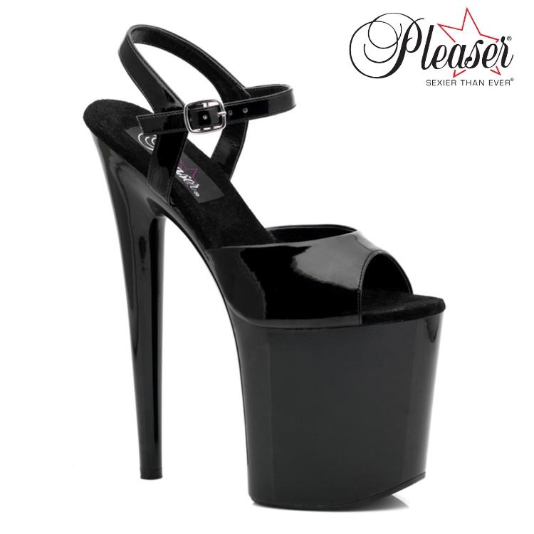 20 cm ヒール 高め 厚底 キャバ サンダル Pleaser プリーザー 大きいサイズ 靴 超厚底 ハイヒール ストラップ 黒 ブラック エナメル レディース メンズ 即納 | Pleaser