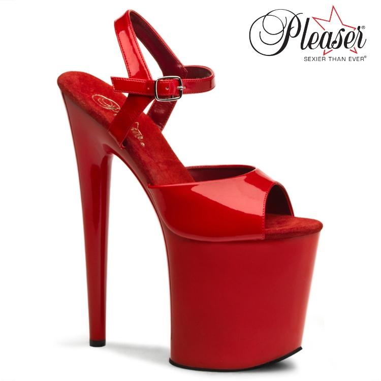 20 cm ヒール 厚底 キャバ サンダル Pleaser プリーザー 大きいサイズ 靴 超厚底 ハイヒール ピンヒール ストラップ 赤 レッド エナメル レディース メンズ 取寄 | Pleaser