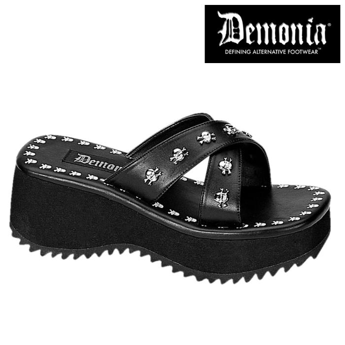 demonia デモニア サンダル 厚底 6.5 cm ヒール 黒 ブラック つや消し 合皮 ドクロ スカル クロスストラップ 大きいサイズ 厚底靴 靴 レディース メンズ 取寄 | Pleaser