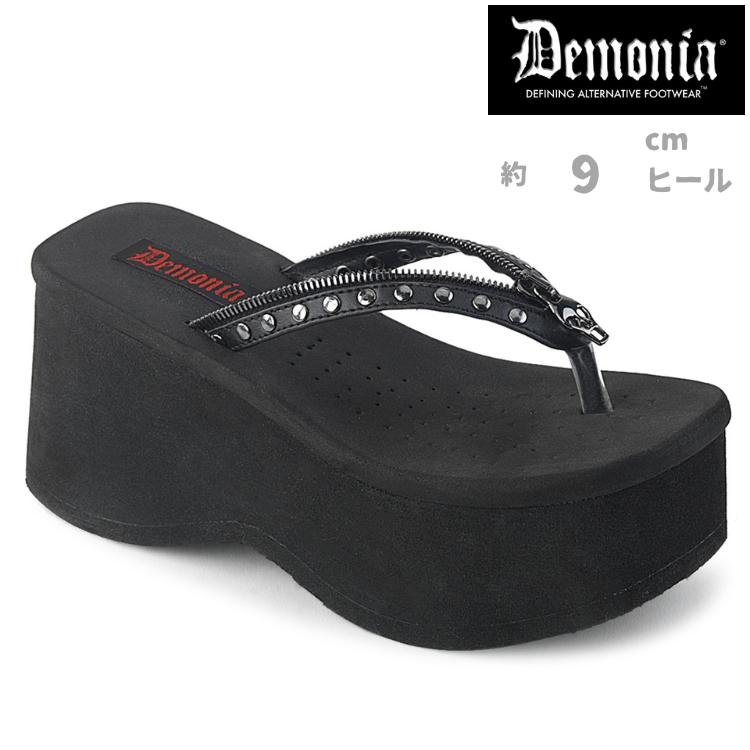 demonia デモニア サンダル 厚底 トングサンダル 9cm ヒール プラットフォーム 黒 ブラック ビーガンレザー 合皮 つや消し スタッズ パンク ロック FUNN-33 取寄 | Pleaser