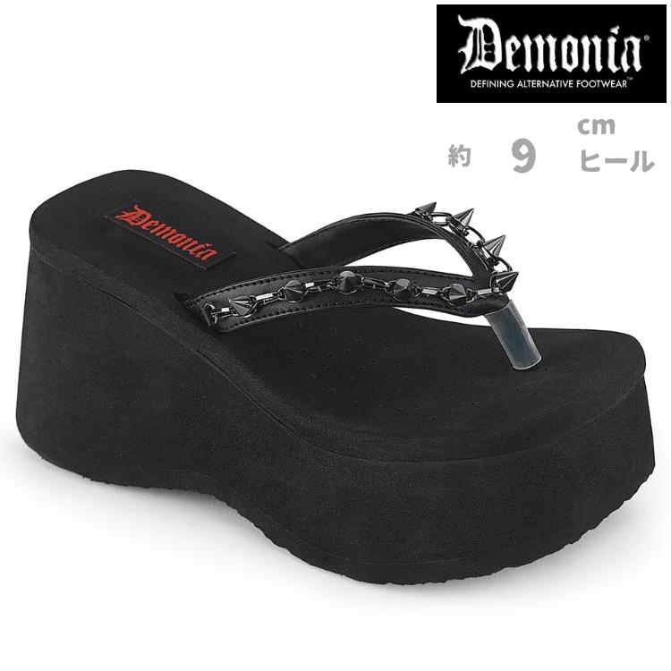 demonia デモニア サンダル 厚底 トングサンダル 9cm ヒール プラットフォーム 黒 ブラック ビーガンレザー 合皮 つや消し スタッズ パンク ロック FUNN-35 取寄 | Pleaser
