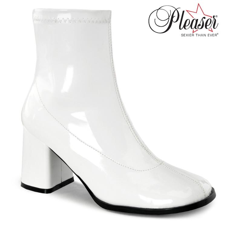 ショートブーツ レディース メンズ ローヒール ストレッチ 太ヒール 大きいサイズ 小さいサイズ Pleaser プリーザー 8cm ヒール 白 ホワイト エナメル 取寄 | Pleaser