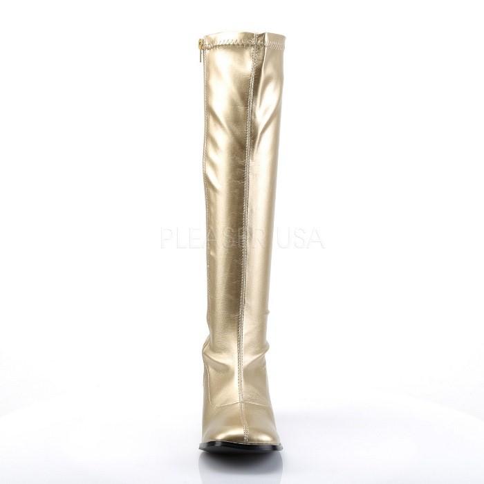 ロングブーツ レディース メンズ ローヒール ストレッチ 大きいサイズ 小さいサイズ Pleaser プリーザー 8cm ヒール 金色 ゴールド つや消し ファスナー 取寄 | Pleaser | 01