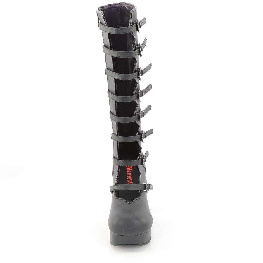 demonia デモニア 厚底ブーツ ロングブーツ 9.5cm ヒール プラットフォーム 黒 ブラック ビーガンレザー 合皮 つや消し オープンフロント ゴス GOTHIKA-160 取寄 | Pleaser | 01