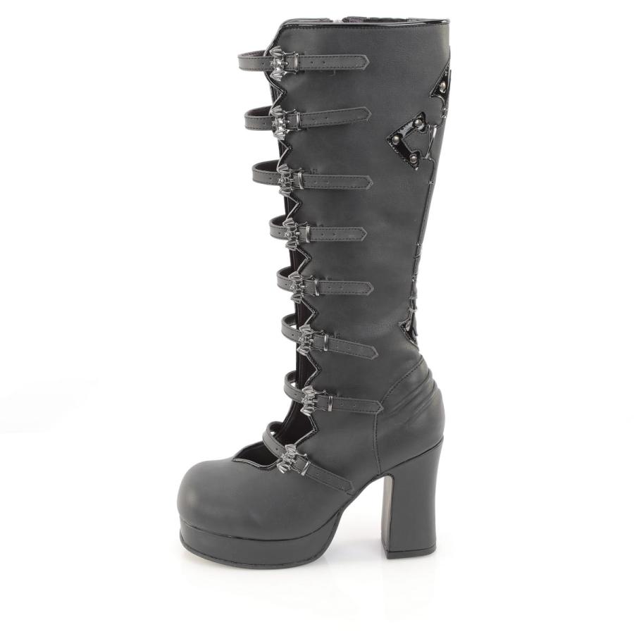 demonia デモニア 厚底ブーツ ロングブーツ 9.5cm ヒール プラットフォーム 黒 ブラック ビーガンレザー 合皮 つや消し オープンフロント ゴス GOTHIKA-160 取寄 | Pleaser | 02