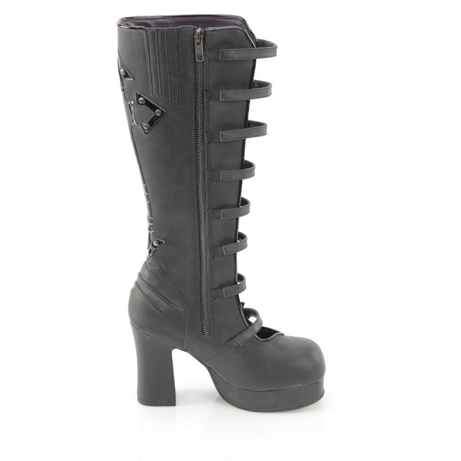 demonia デモニア 厚底ブーツ ロングブーツ 9.5cm ヒール プラットフォーム 黒 ブラック ビーガンレザー 合皮 つや消し オープンフロント ゴス GOTHIKA-160 取寄 | Pleaser | 04