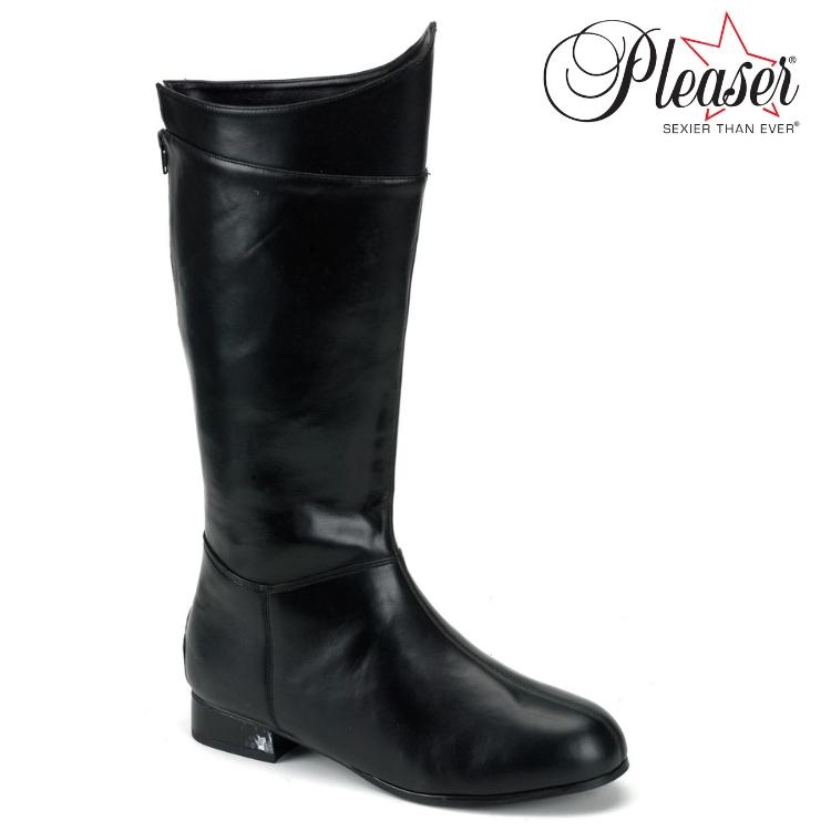 Pleaser プリーザー メンズ ロングブーツ ワイドな筒周り プラスサイズ バックジッパー 2.5 cm ヒール 黒 ブラック 合皮 フェイクレザー 大きいサイズ 靴 即納 | Pleaser