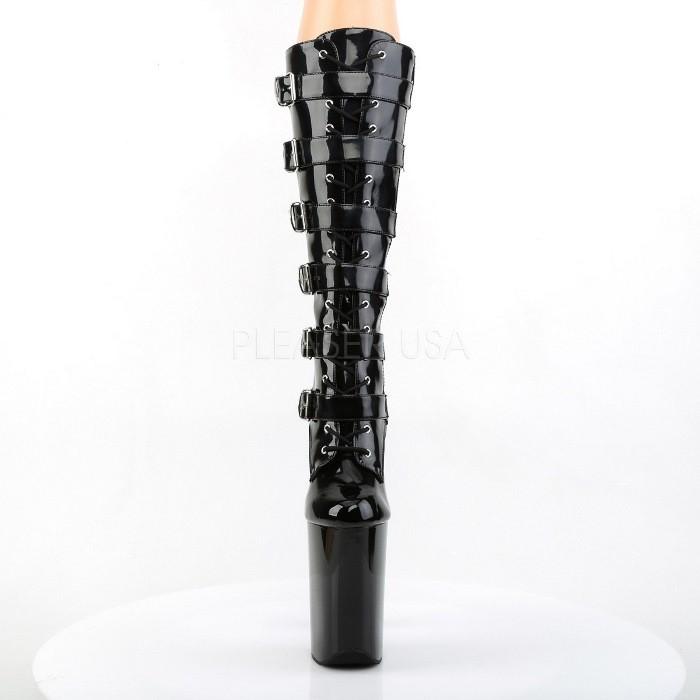 Pleaser プリーザー ロングブーツ 厚底 23 cm ヒール ブーツ ハイヒール ピンヒール エナメル 黒 ブラック 超厚底 編み上げ 複数ベルト 大きいサイズ 靴 取寄 | Pleaser | 01