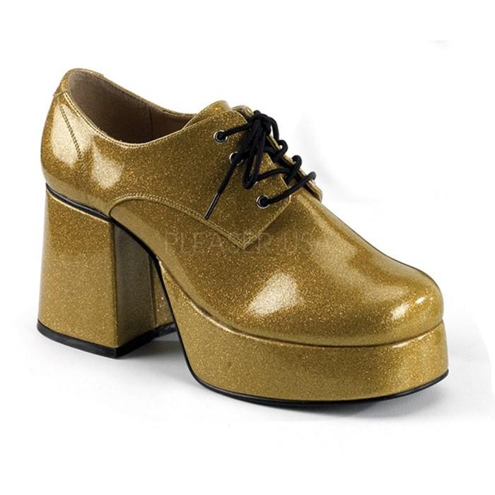 Pleaser プリーザー ローファー パンプス メンズ 9 cm ヒール 金色 ゴールド ラメ 太ヒール ブロックヒール レースアップ 厚底 靴 男性 大きいサイズ 取寄 | Pleaser