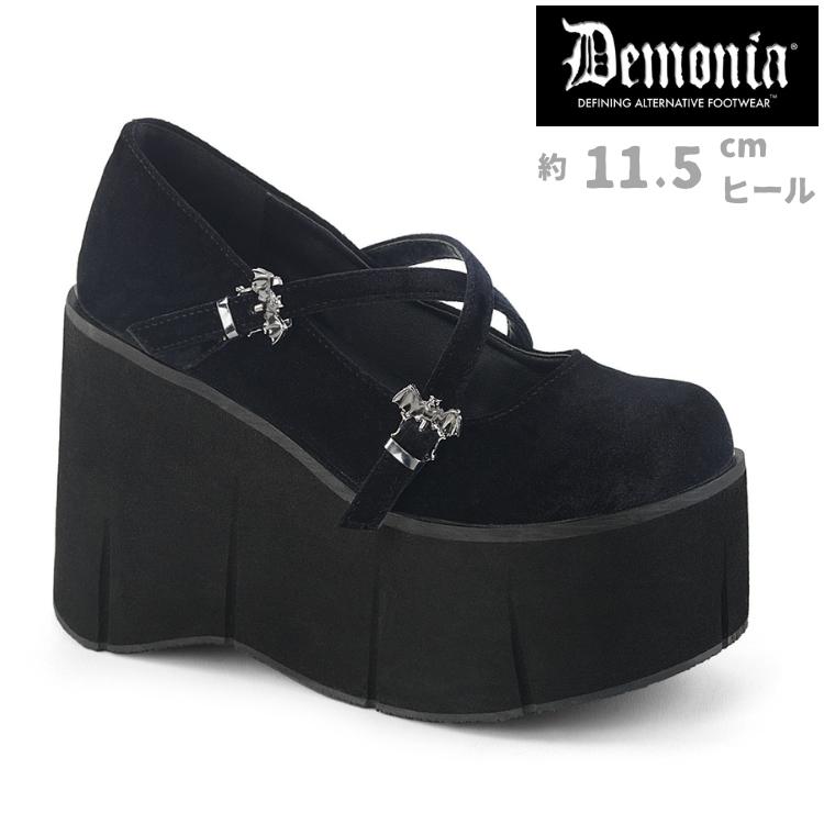 demonia デモニア パンプス 厚底 ウェッジソール 11.5 cm ヒール 黒 ブラック ベルベット バット ストラップ 小さいサイズ 大きいサイズ レディース メンズ 取寄 | Pleaser