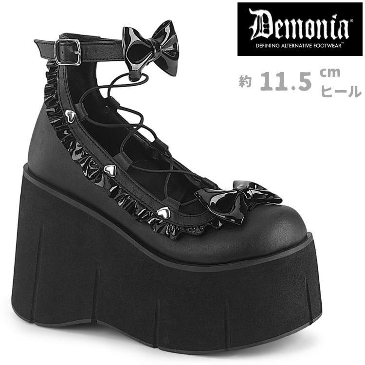 demonia デモニア パンプス 厚底 ウェッジソール 11cm 12cm ヒール 黒 ブラック 合皮 リボン アンクルストラップ 大きいサイズ 厚底靴 ローファー KERA-18 取寄 | Pleaser