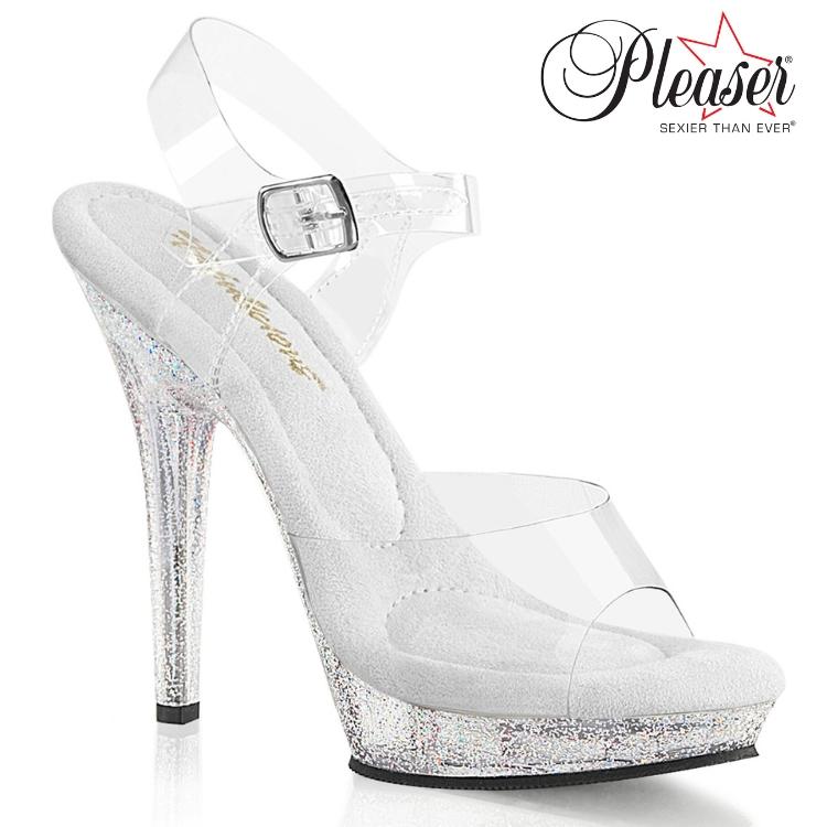 Pleaser プリーザー キャバ ヒール サンダル クリア ラメ 13 cm ヒール 高め レディース メンズ アンクルベルト ピンヒール ハイヒール 大きいサイズ 靴 取寄 | Pleaser