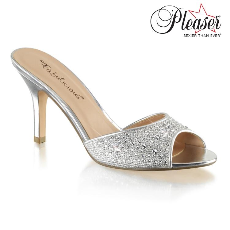 Pleaser プリーザー ミュール サンダル ローヒール キャバ ヒール 低め 銀色 シルバー グリッター メッシュ 8 cm ヒール レディース メンズ ピンヒール 取寄 | Pleaser