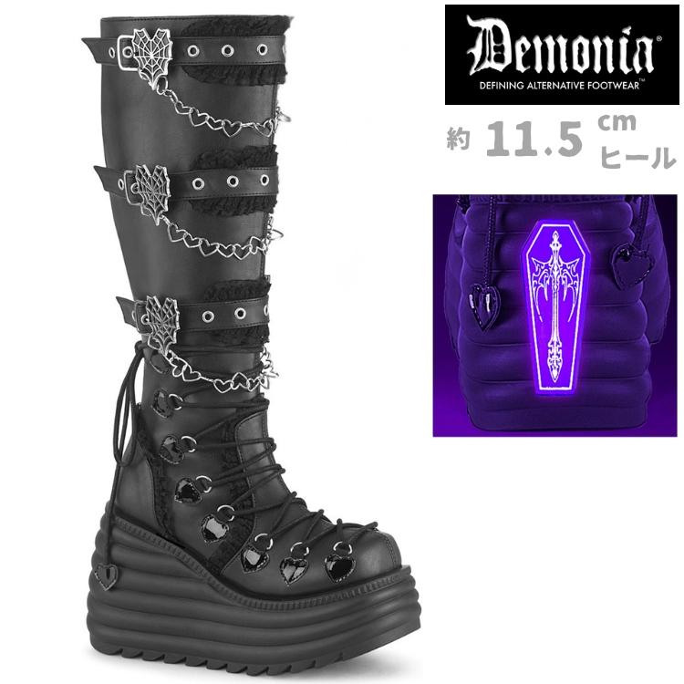 demonia デモニア 厚底ブーツ ロングブーツ 11.5cm プラットフォーム ウェッジソール 黒 ブラック ビーガンレザー 合皮 つや消し パンク ロック MORTE-215 取寄 | Pleaser