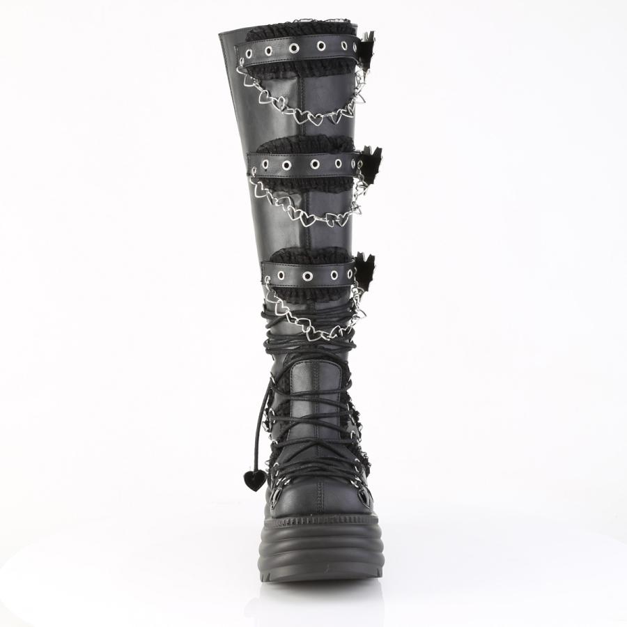 demonia デモニア 厚底ブーツ ロングブーツ 11.5cm プラットフォーム ウェッジソール 黒 ブラック ビーガンレザー 合皮 つや消し パンク ロック MORTE-215 取寄 | Pleaser | 01