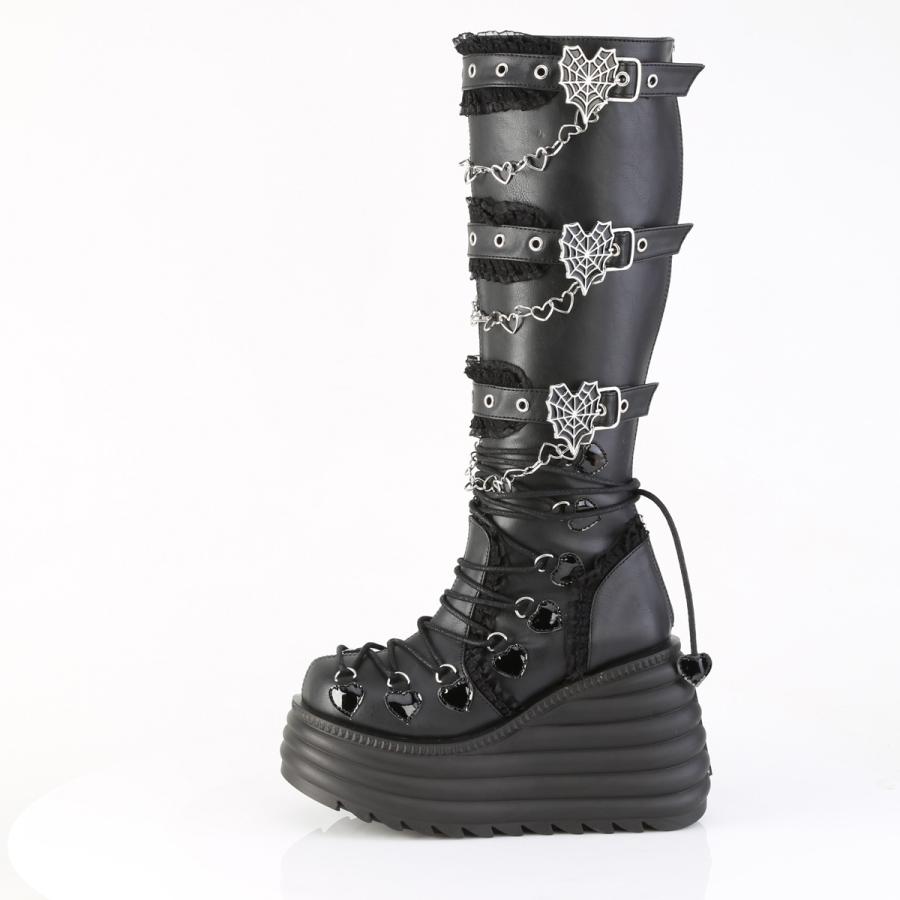 demonia デモニア 厚底ブーツ ロングブーツ 11.5cm プラットフォーム ウェッジソール 黒 ブラック ビーガンレザー 合皮 つや消し パンク ロック MORTE-215 取寄 | Pleaser | 02