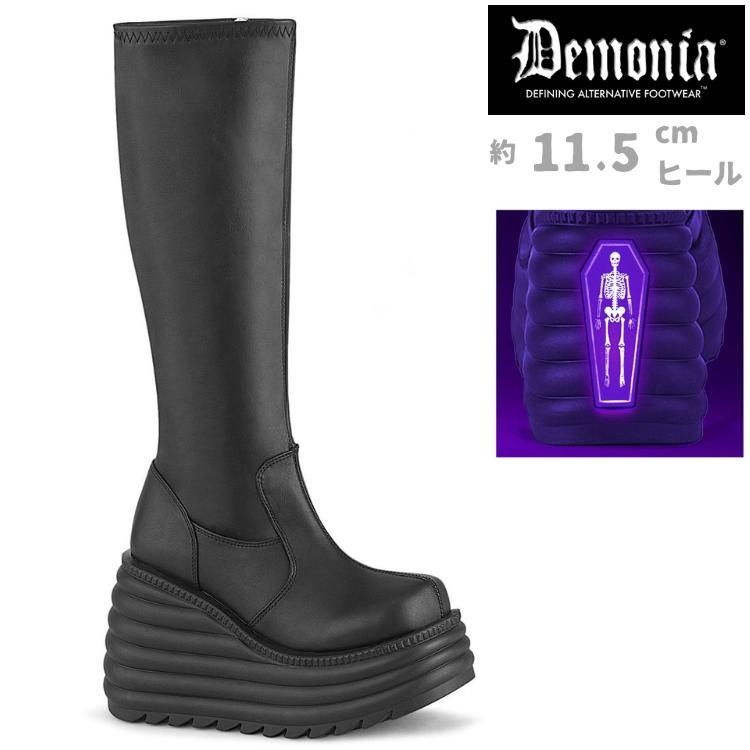 demonia デモニア 厚底 ブーツ ロングブーツ 11.5cm ヒール ウェッジソール 黒 ブラック ビーガンレザー つや消し ストレッチ V系 シューズ 靴 MORTE-300 取寄 | Pleaser