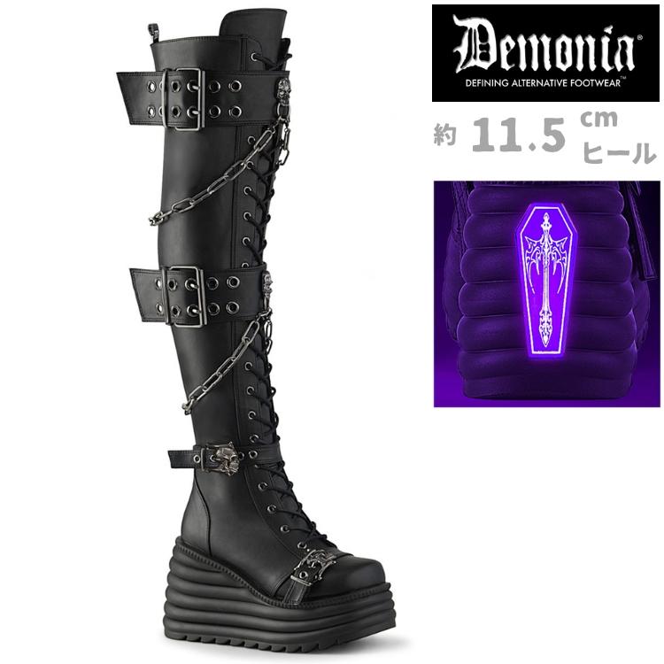 demonia デモニア ブーツ 厚底ブーツ ニーハイブーツ サイハイブーツ 厚底 11.5cm 黒 ブラック ビーガンレザー 合皮 編み上げ 大きいサイズ MORTE-312 取寄 | Pleaser