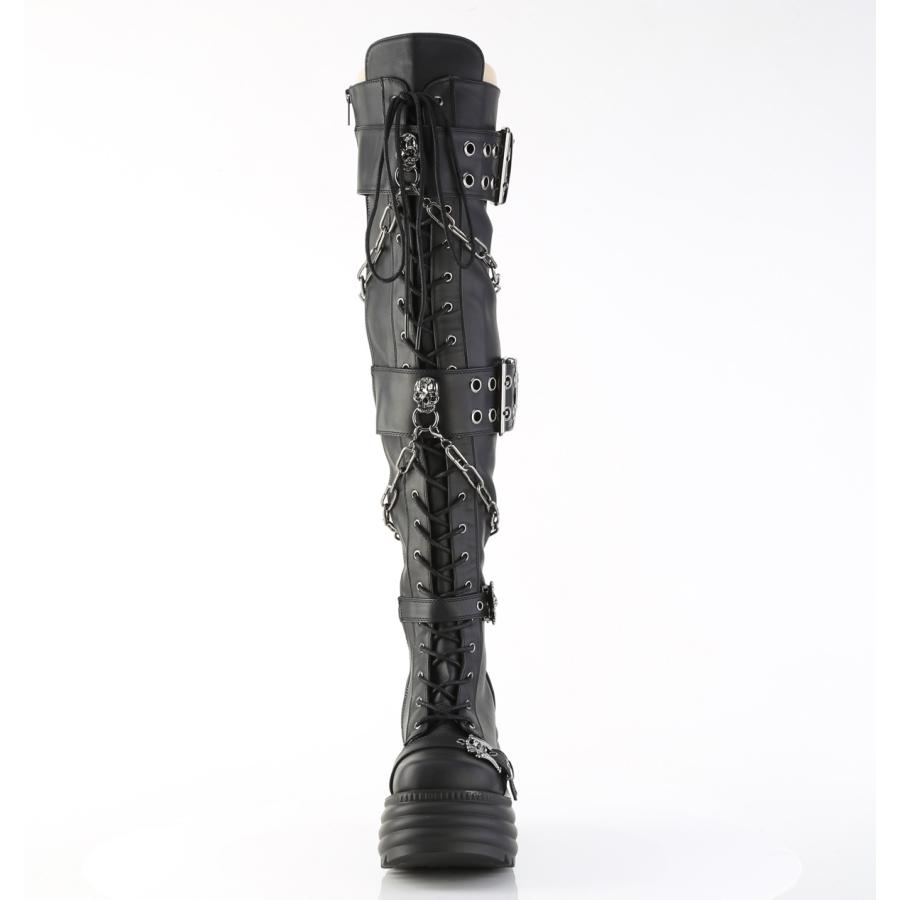 demonia デモニア ブーツ 厚底ブーツ ニーハイブーツ サイハイブーツ 厚底 11.5cm 黒 ブラック ビーガンレザー 合皮 編み上げ 大きいサイズ MORTE-312 取寄 | Pleaser | 01