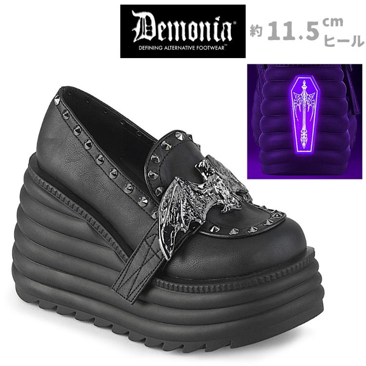 demonia デモニア 厚底 ローファー 11.5cm プラットフォーム ウェッジソール 黒 ブラック ビーガンレザー 合皮 つや消し 大きいサイズ ゴシック MORTE-56 取寄 | Pleaser