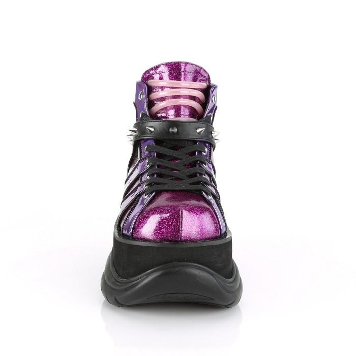 demonia デモニア スニーカー 厚底 7.5 cm ヒール 紫 パープル ホログラム 編み上げ レースアップ 小さいサイズ 大きいサイズ メンズ 厚底靴 シューズ 取寄 | Pleaser | 01