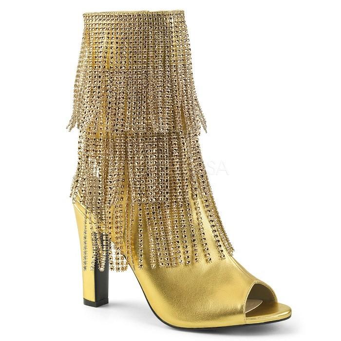 Pleaser プリーザー キラキラ ラインストーン付きフリンジ オープントゥ アンクル ブーツ 10cm ヒール ジッパー付き 金 ゴールド つや消し 大きいサイズ 靴 取寄 | Pleaser