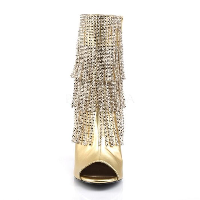 Pleaser プリーザー キラキラ ラインストーン付きフリンジ オープントゥ アンクル ブーツ 10cm ヒール ジッパー付き 金 ゴールド つや消し 大きいサイズ 靴 取寄 | Pleaser | 01