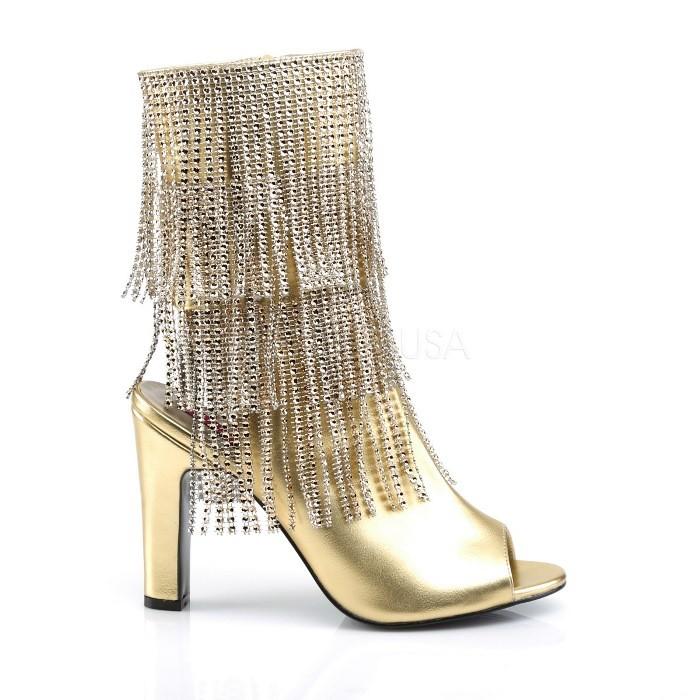 Pleaser プリーザー キラキラ ラインストーン付きフリンジ オープントゥ アンクル ブーツ 10cm ヒール ジッパー付き 金 ゴールド つや消し 大きいサイズ 靴 取寄 | Pleaser | 04