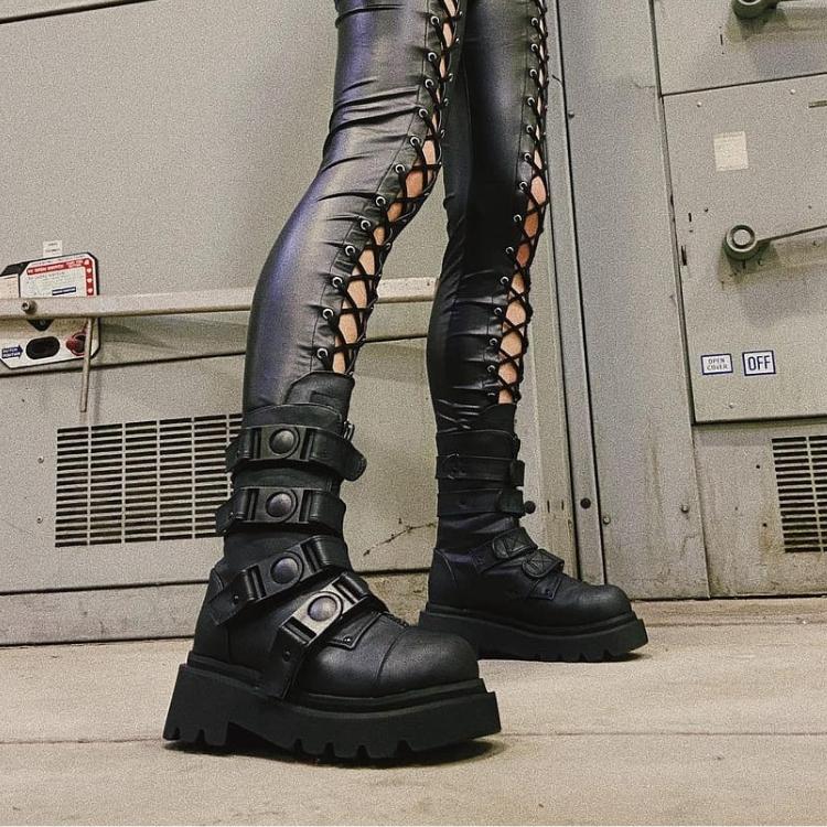 demonia デモニア ショートブーツ 厚底 ラバーソール 6.5 cm ヒール 黒 ブラック バックル ストラップ ジッパー 大きいサイズ 厚底靴 靴 レディース メンズ 取寄 | Pleaser | 06