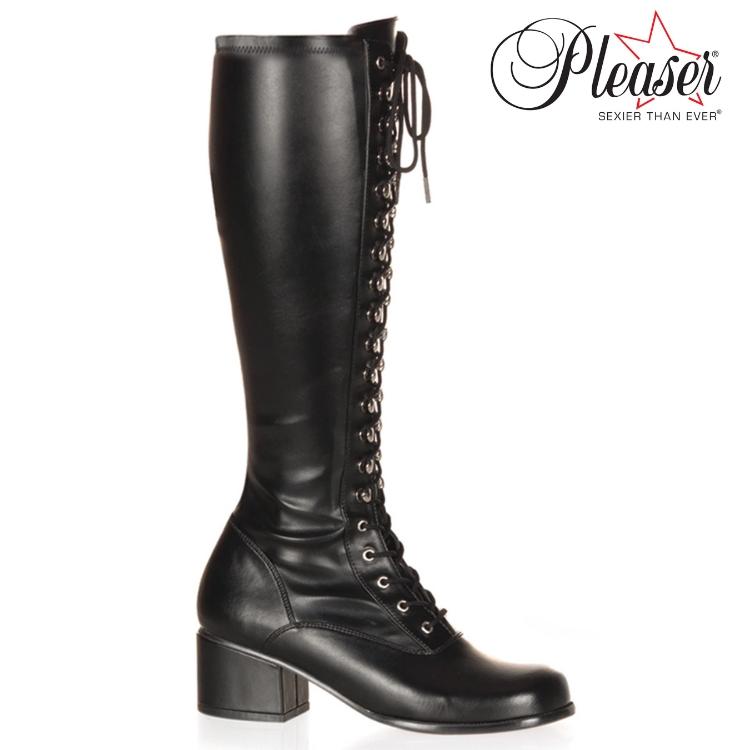 Pleaser プリーザー ロングブーツ 5cm ヒール 黒 ブラック つや消し レースアップ 編み上げ レディース メンズ ローヒール ストレッチ 靴 大きいサイズ 即納 | Pleaser