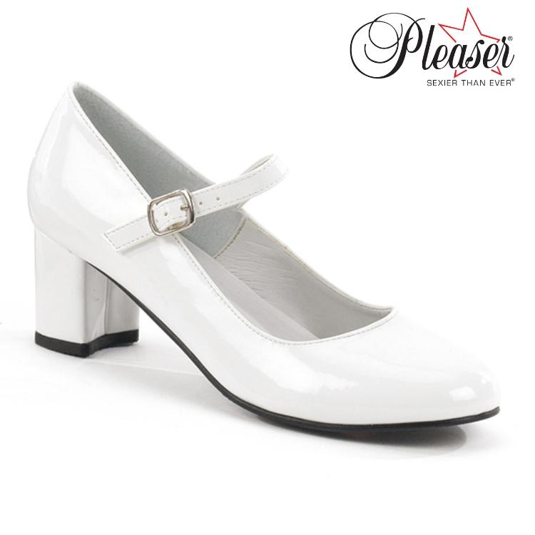 Pleaser プリーザー ローヒール パンプス チャンキーヒール レディース メンズ アーモンドトゥ 5.5 cm ヒール 白 ホワイト エナメル 甲ベルト 大きいサイズ 取寄 | Pleaser