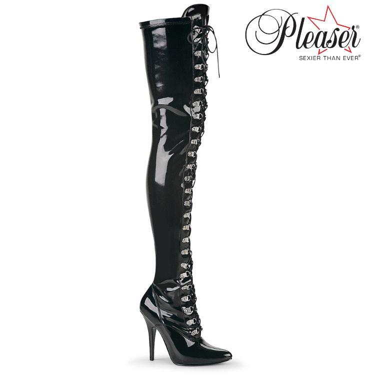 Pleaser プリーザー ハイヒール ニーハイブーツ 大きいサイズ 小さいサイズ 黒 ブラック エナメル 13cm ヒール レディース メンズ レースアップ ジッパー 取寄 | Pleaser